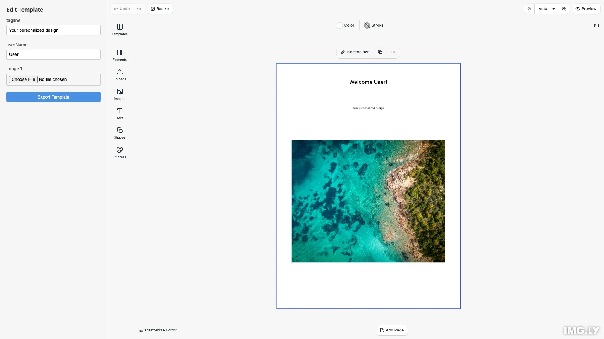 Form-Based Editing example showing a custom form panel with input fields mapped to template variables and placeholders