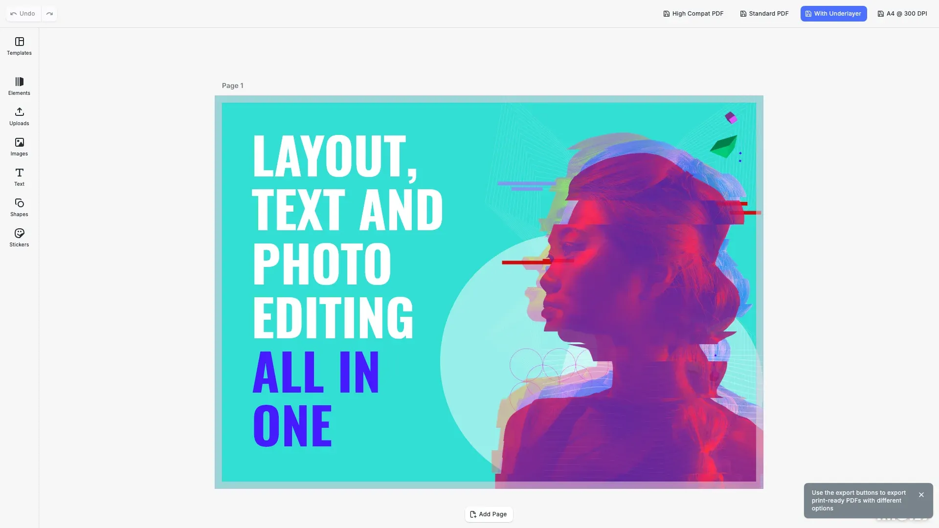 Export for Printing example showing PDF export options