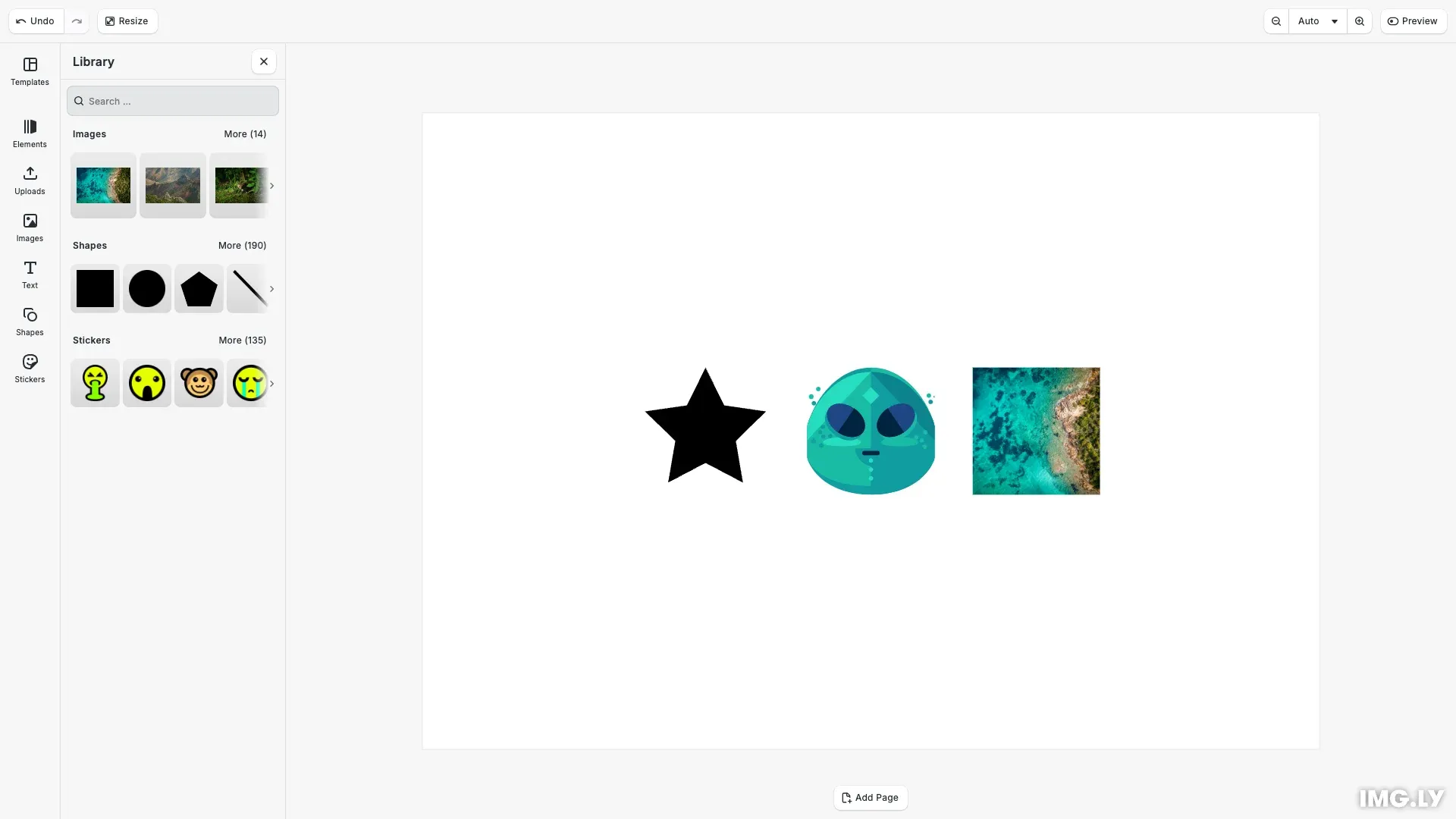 Using Default Assets example showing the CE.SDK editor with a star shape, sticker, and image centered on the canvas