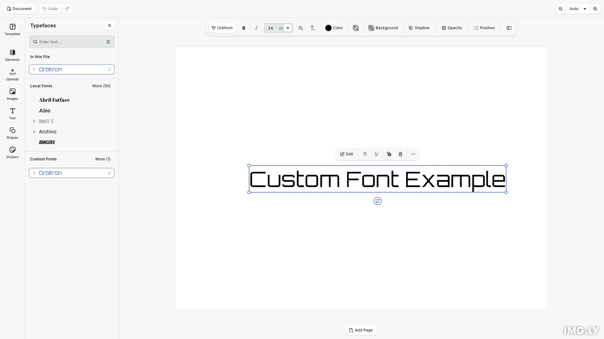 Custom Fonts example showing the typeface library panel with custom typefaces