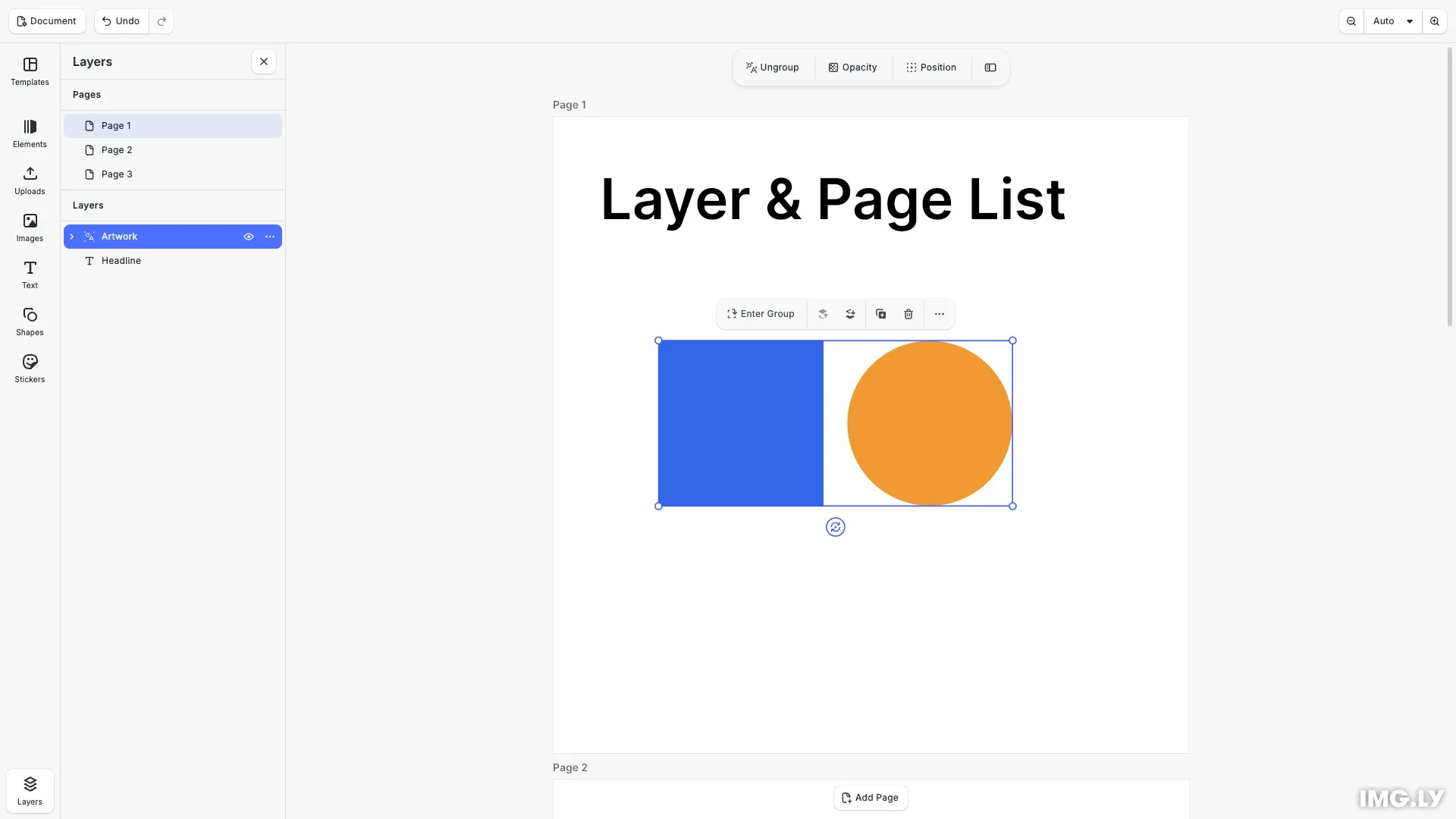 The CE.SDK design editor with the layer and page list open beside the canvas