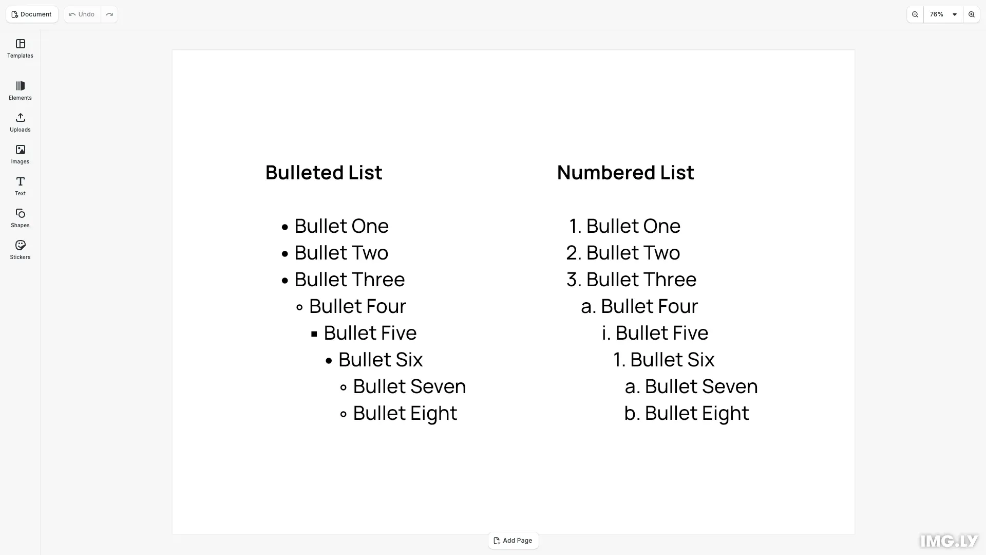 CE.SDK editor showing a text block with three paragraphs selected, ready for list style formatting