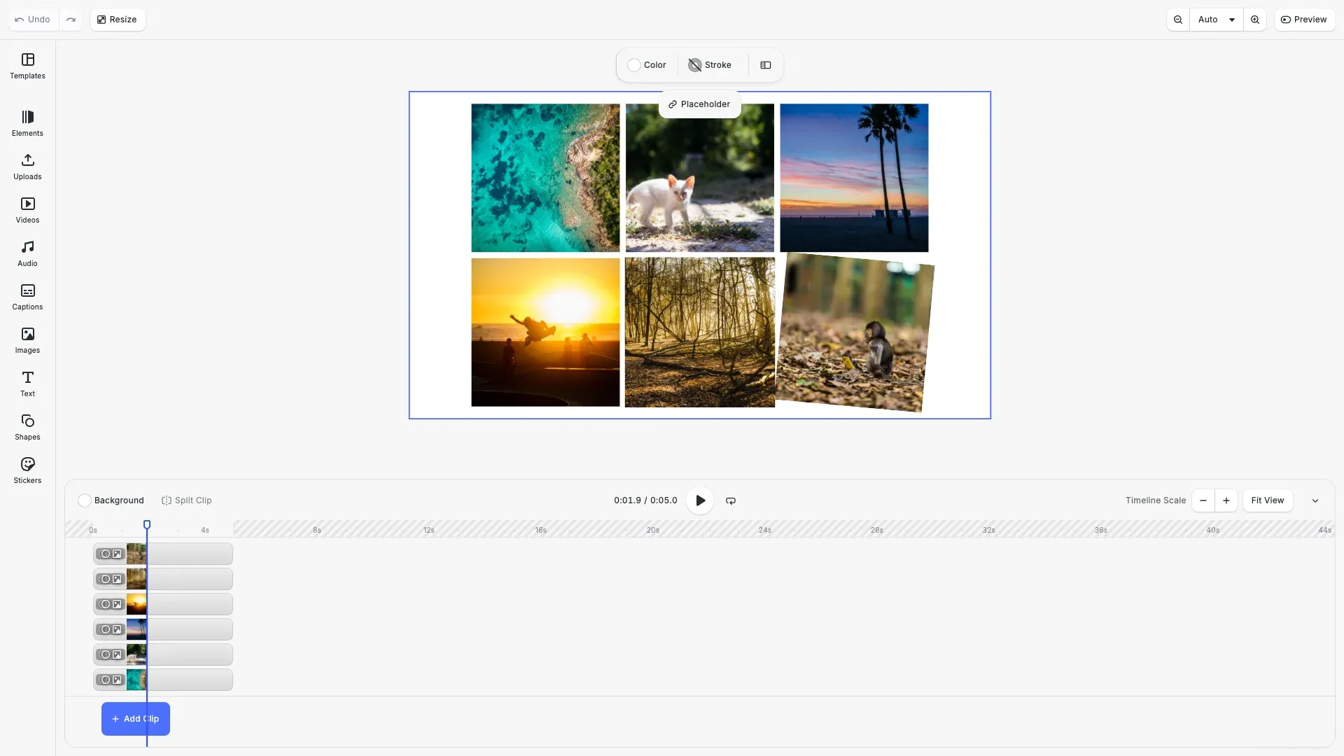 Animation types demonstrating slide, fade, zoom, and loop effects on image blocks