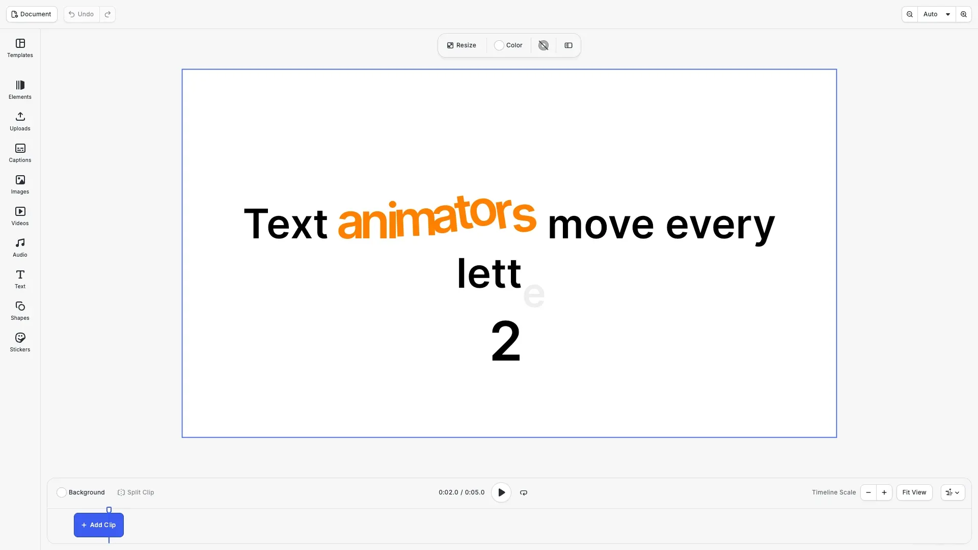 A text block whose letters move with text animators, shown at 2 seconds