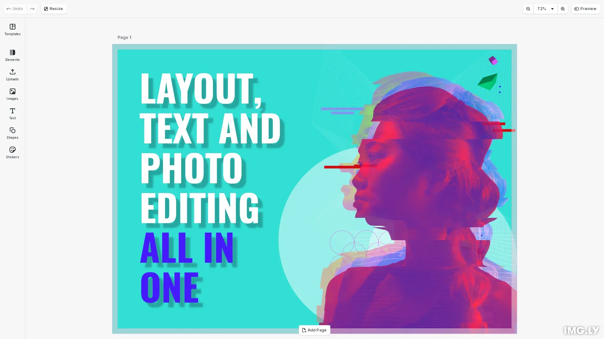 Load a Scene example showing a postcard design loaded in the editor