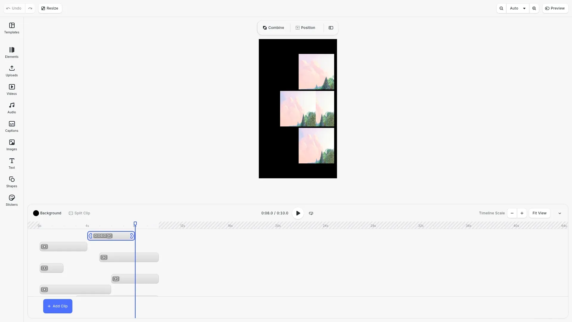 Video Split example showing timeline with video clips and split controls