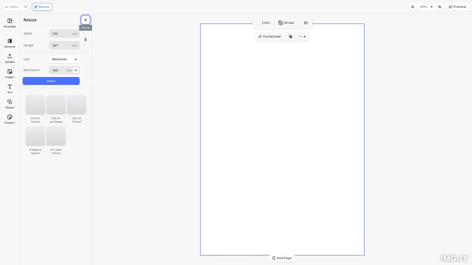 Page Format example showing custom page format presets in the CE.SDK resize panel