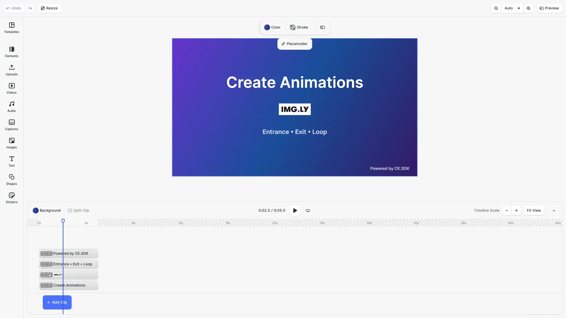 Create Animations example showing animated blocks with various animation types
