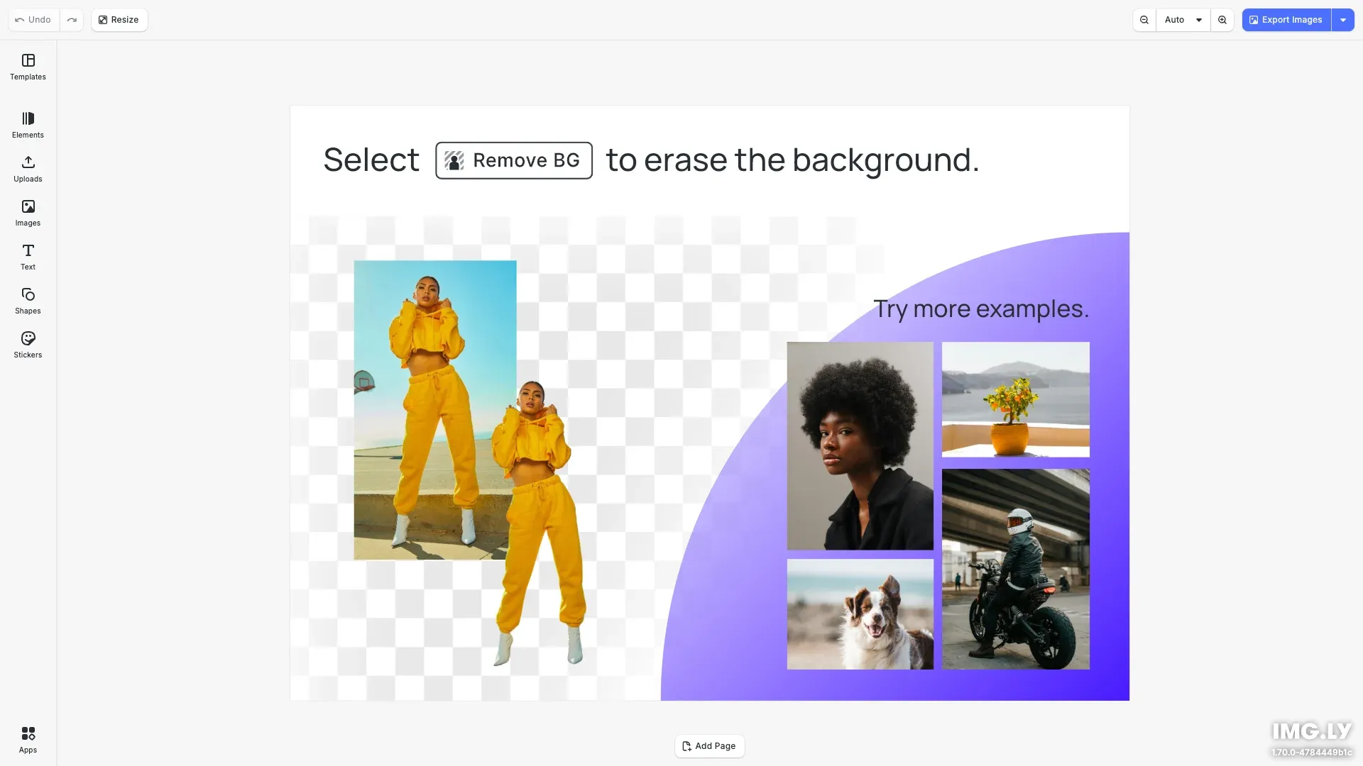 Background Removal Editor starter kit showing AI-powered background removal interface
