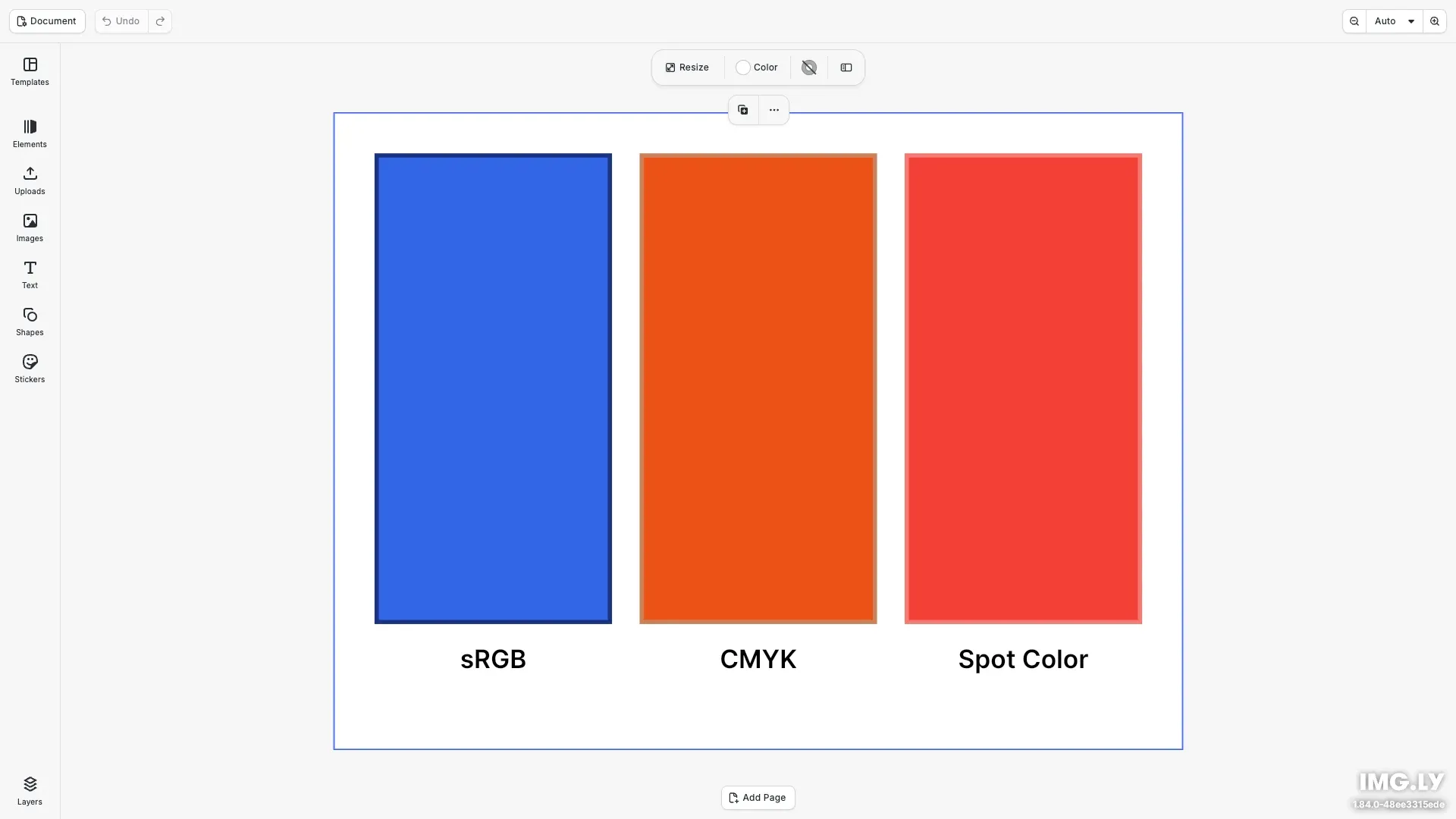Color Basics example showing three colored blocks representing sRGB, CMYK, and Spot color spaces