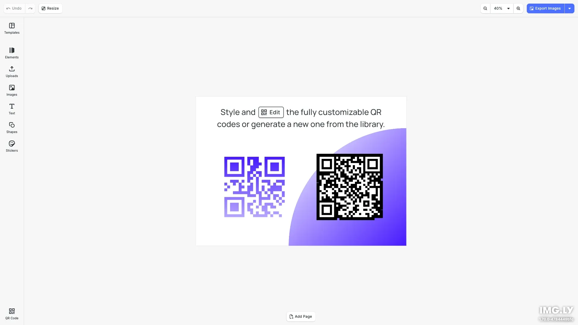 QR Code Editor starter kit showing QR code generation interface