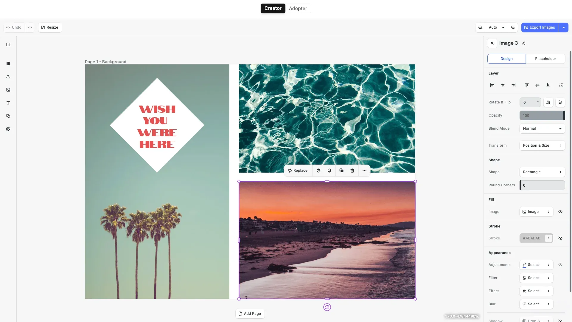 Design Editor starter kit showing a professional design editing interface