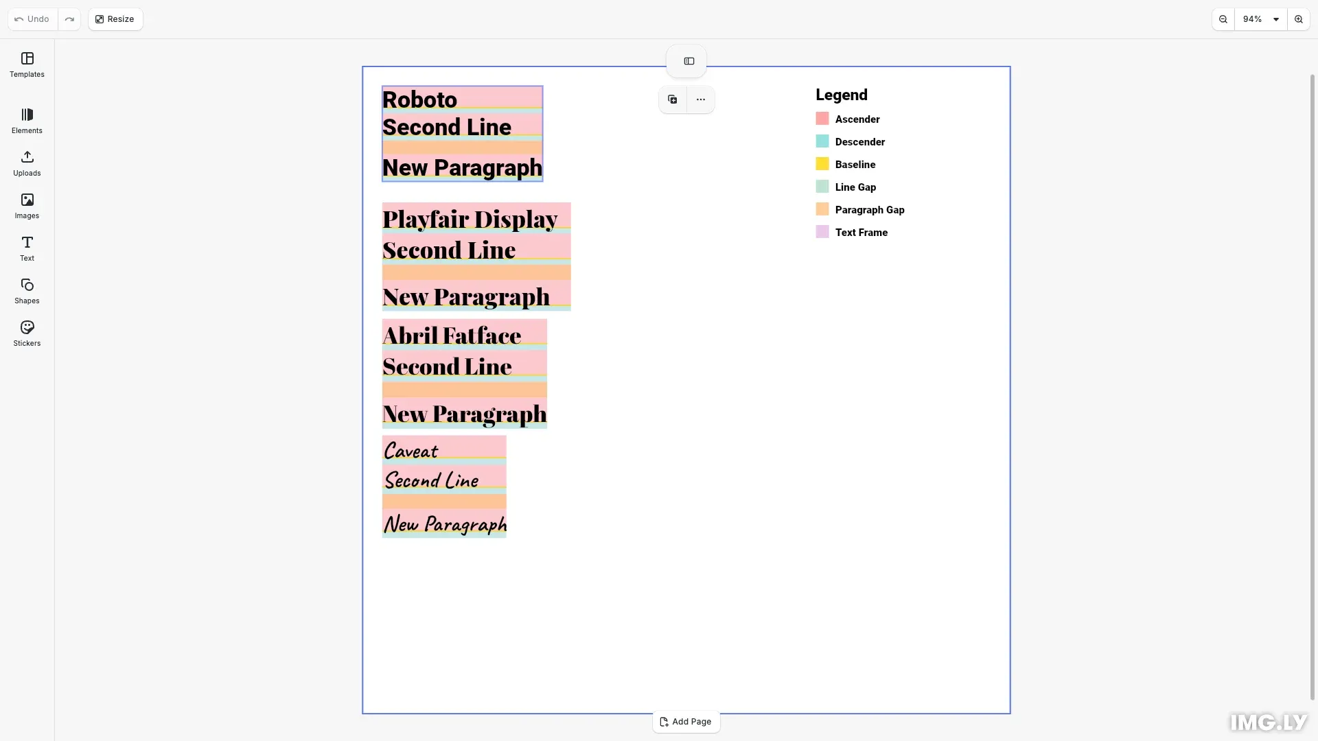 Text rendering visualization showing font metrics overlays