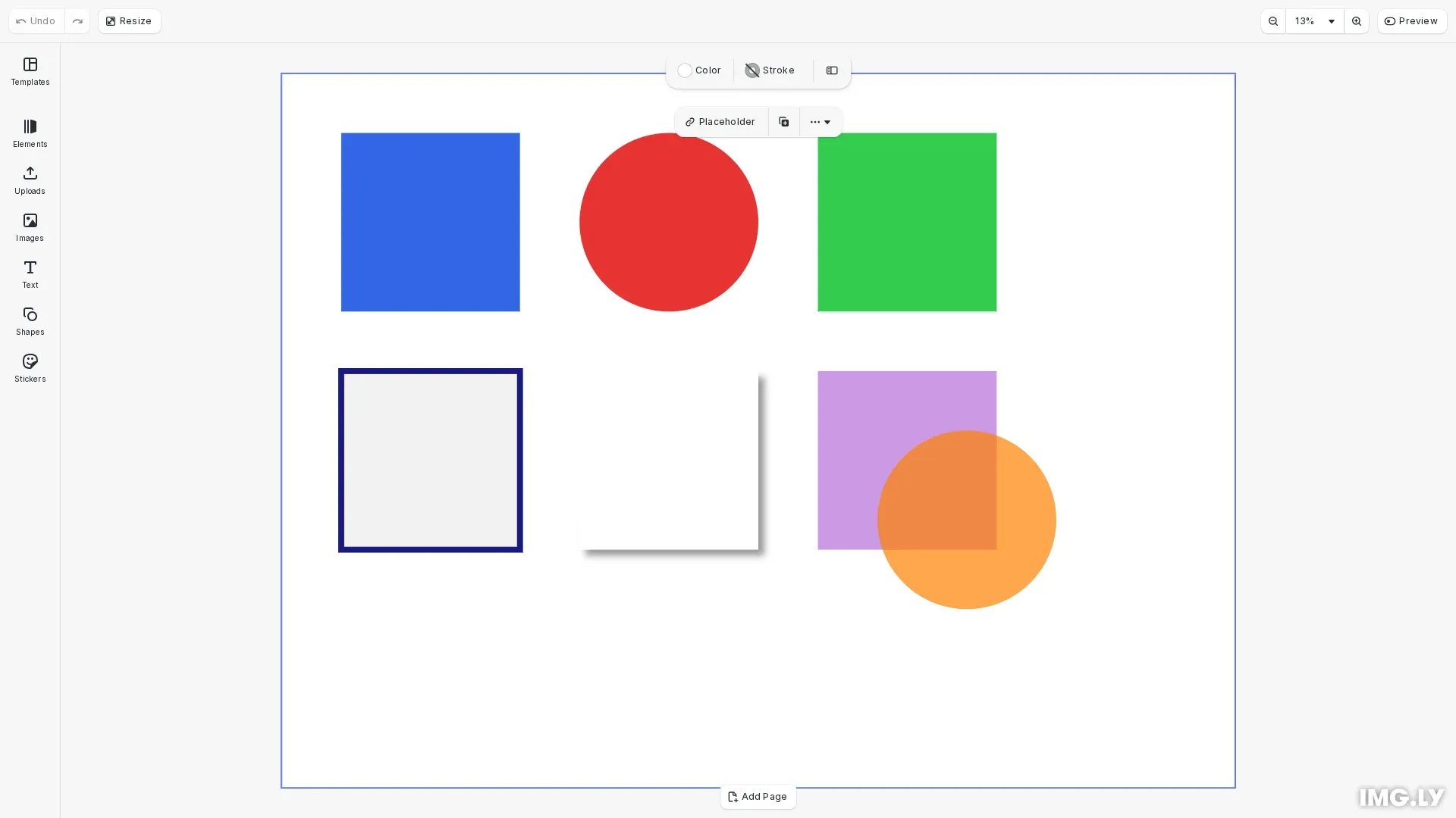 sRGB Colors example showing colored shapes with fills, strokes, shadows, and transparency