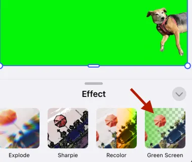 Arrow pointing to the Green Screen effect button