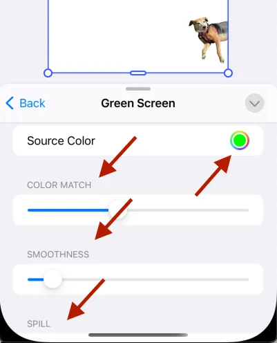 Effect controls for key color, color match, smoothness and, spill
