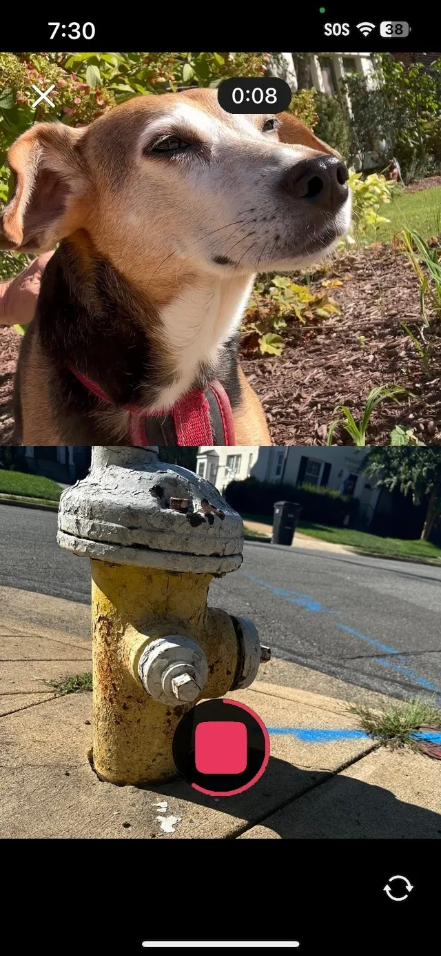 A screenshot of a dual-camera mode recording in progress.