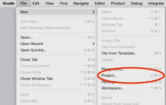 Screen grab of the Xcode file menu.