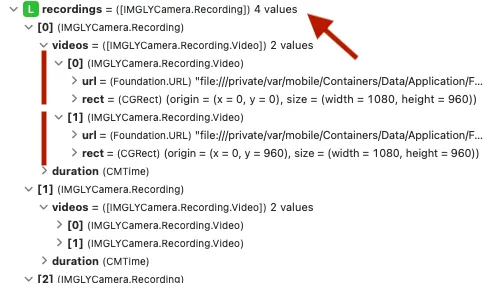 Debug window for dual camera recording with four video segments.