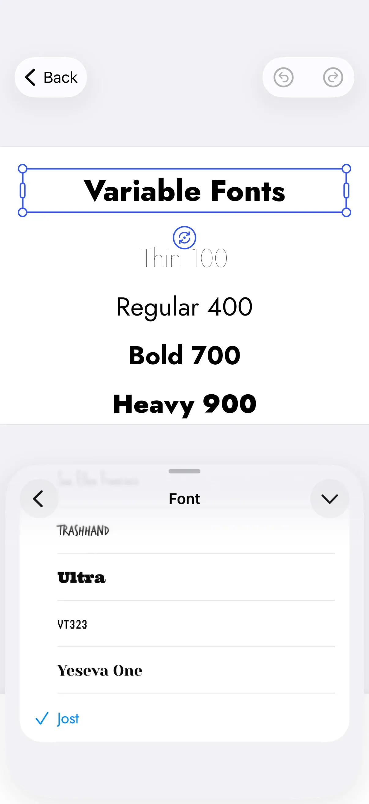 Text blocks at four different weights rendered from one variable font file, with Jost listed in the editor’s font picker