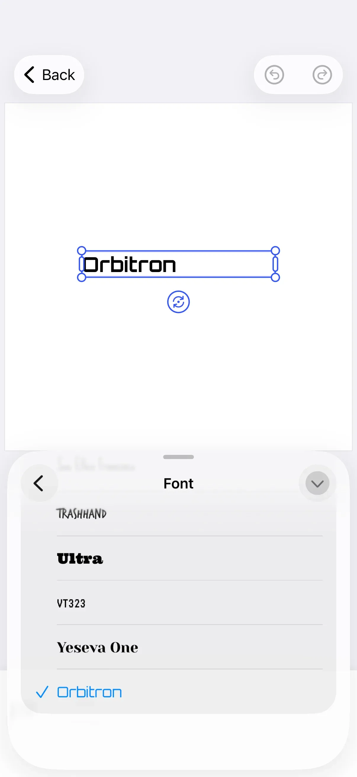 Editor with a text block rendering “Orbitron” in the custom typeface, and the font picker sheet open showing Orbitron listed alongside the bundled default typefaces with a checkmark indicating it is applied