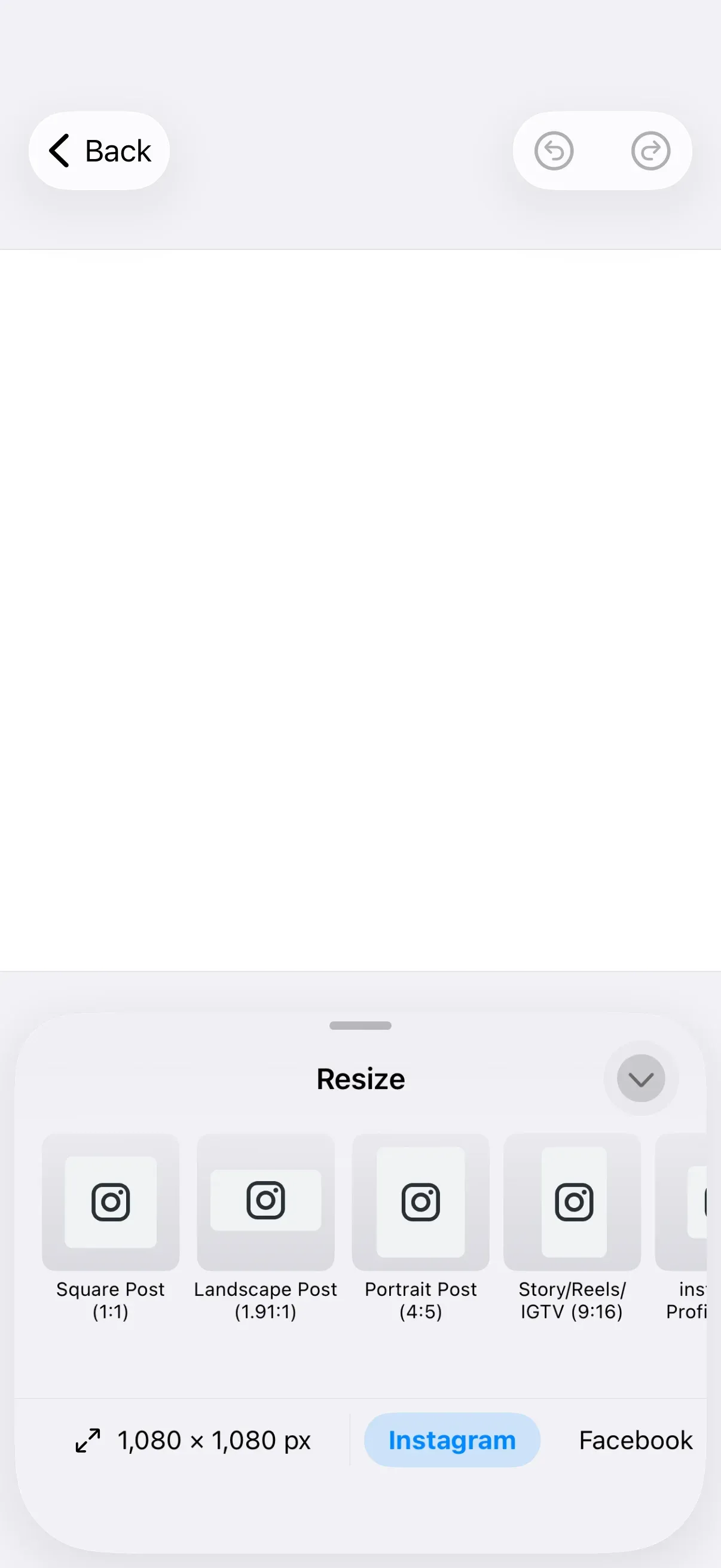 The iOS editor with the resize sheet open, showing the page format selector tiled with the available presets.