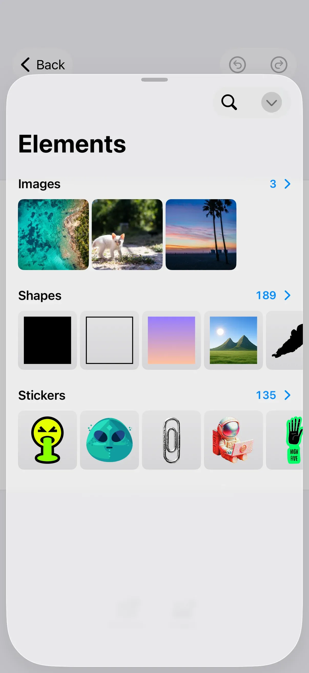 The editor’s asset library open on the combined Elements tab, showing a custom Images category alongside the default shapes and stickers