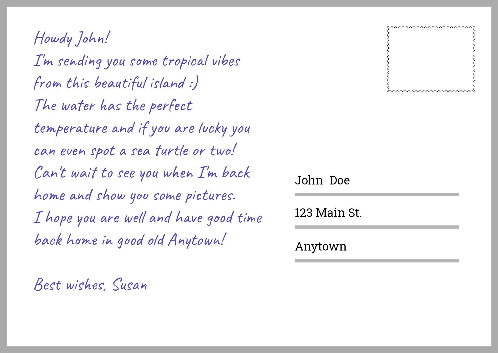 Exported postcard design showing populated name and address fields