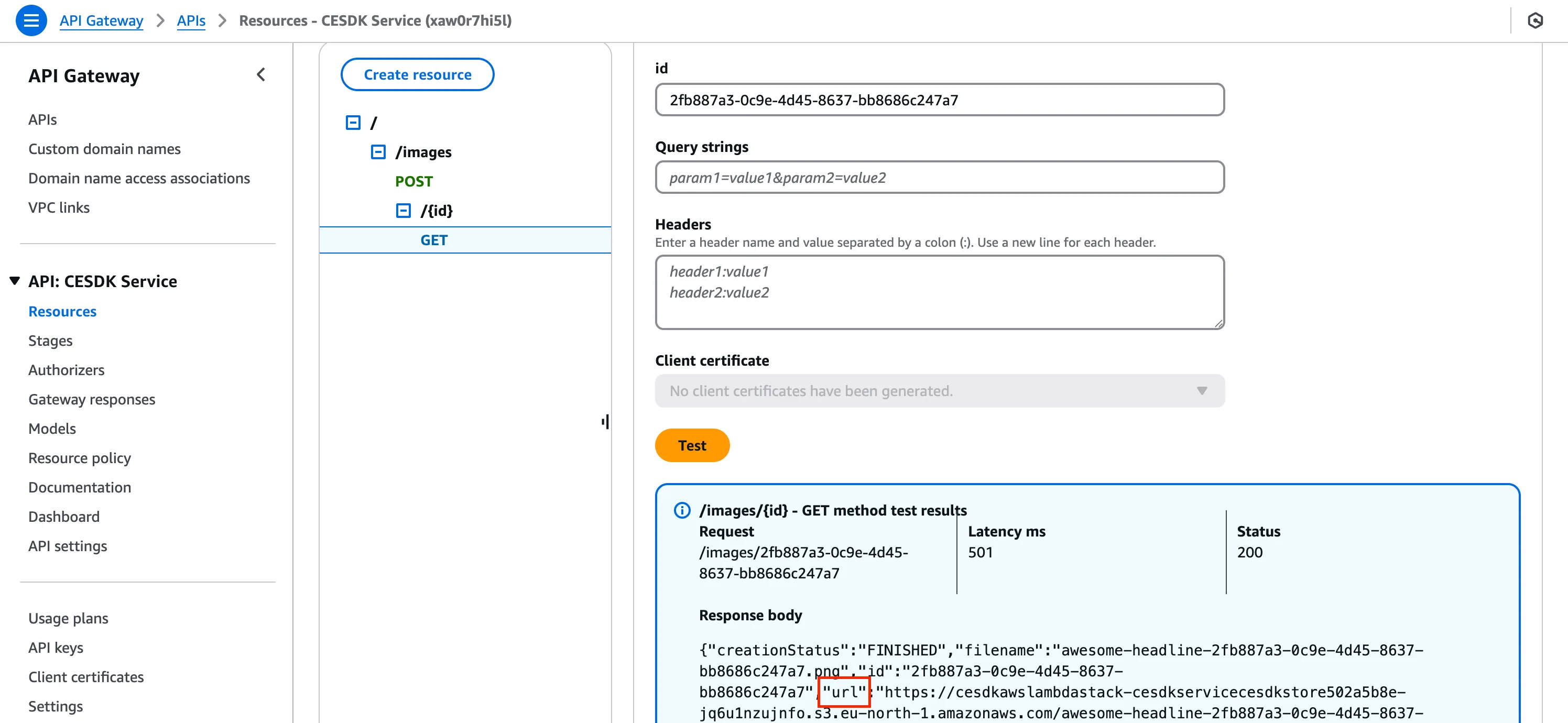 Screenshot for /images POST API test