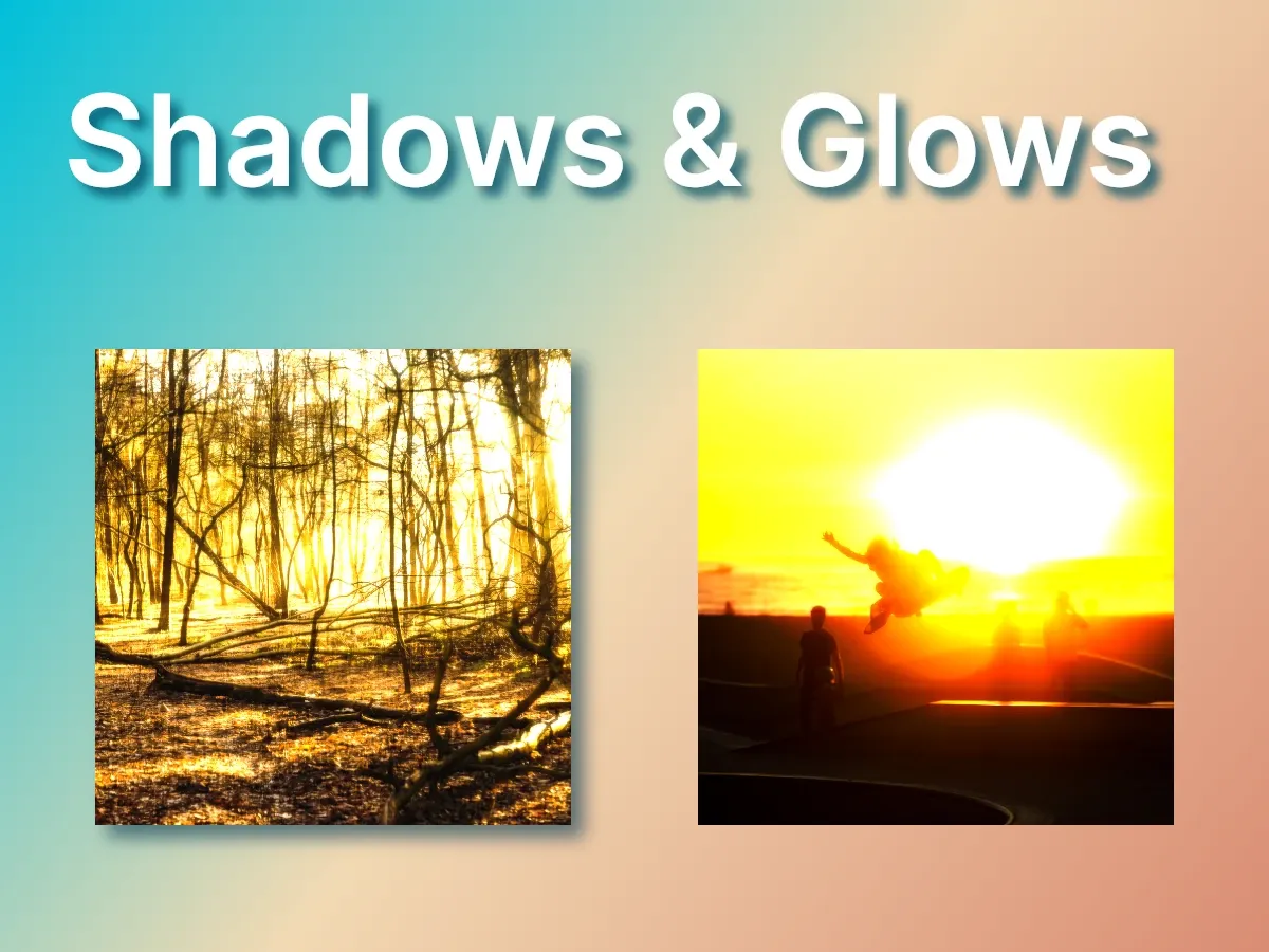 A page with a white title that casts a teal drop shadow, an image with a luminous glow, and a second image combining both a drop shadow and a glow.
