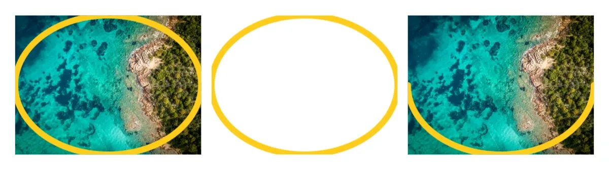 Two yellow rings and a half ring along an ellipse mask: over the image, on transparency and along half of the path