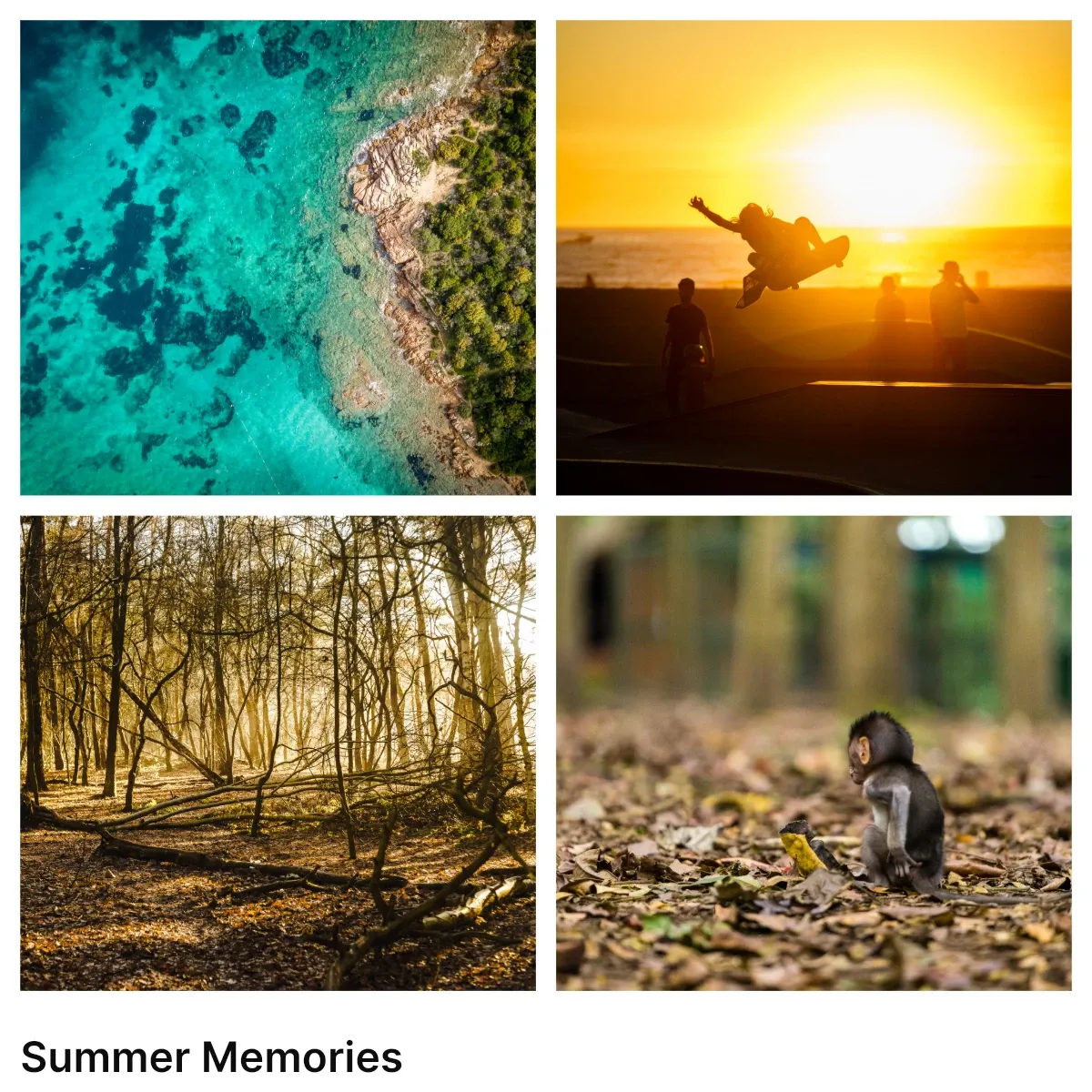 A 4-up collage where the user's two photos fill the top row, the bottom row keeps the layout's distinct placeholder images because no source image is available for those slots, and the user's "Summer Memories" caption replaces the layout's caption text.