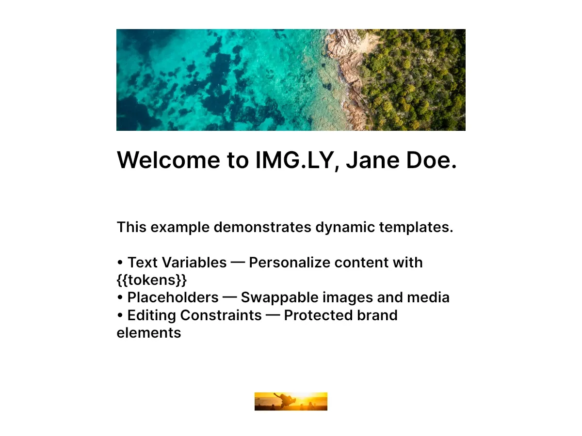 Dynamic content example with resolved text variables, a swappable hero image, and a protected brand image.
