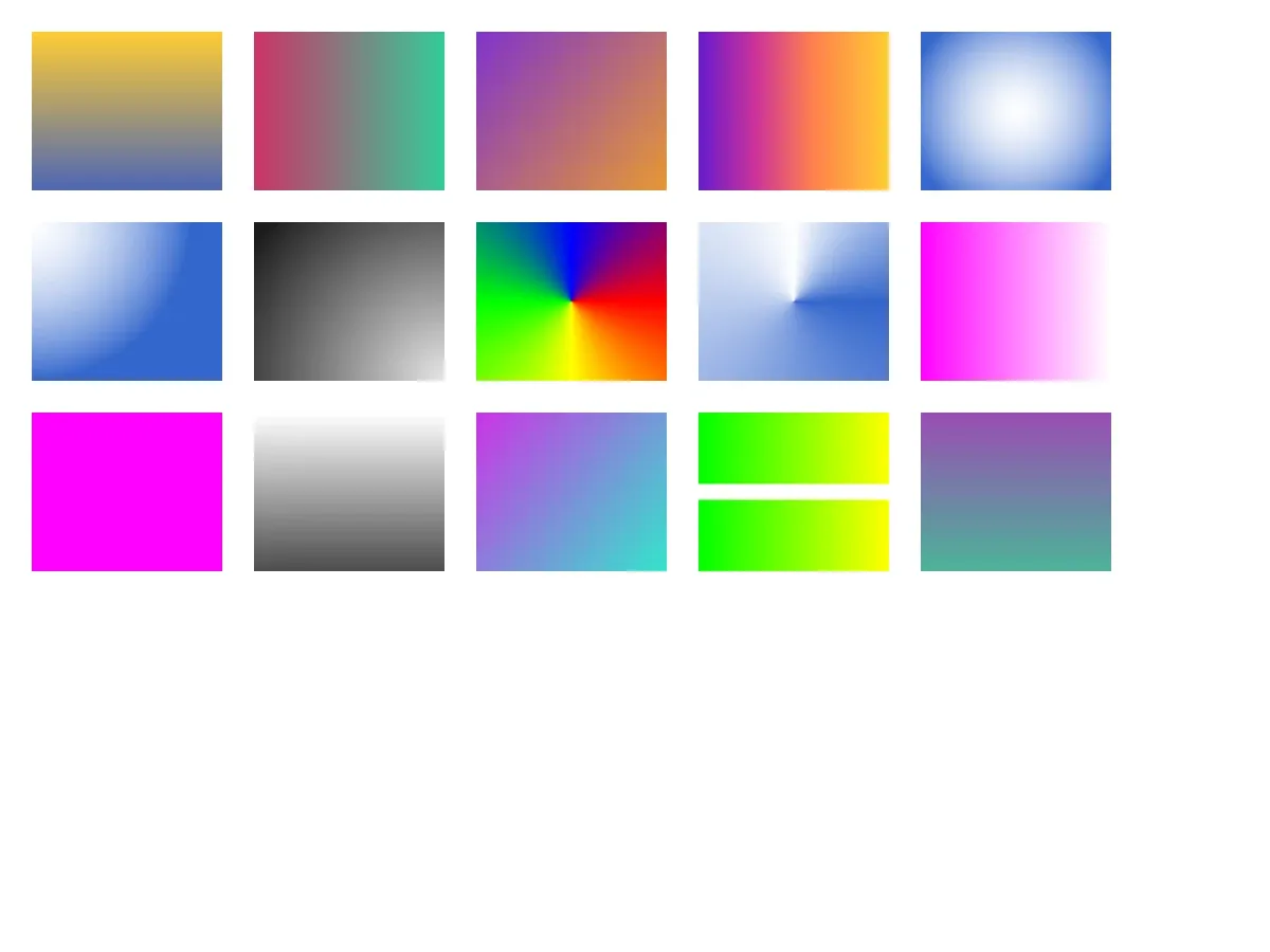 Gradient fills applied to shapes using linear, radial, and conical gradients