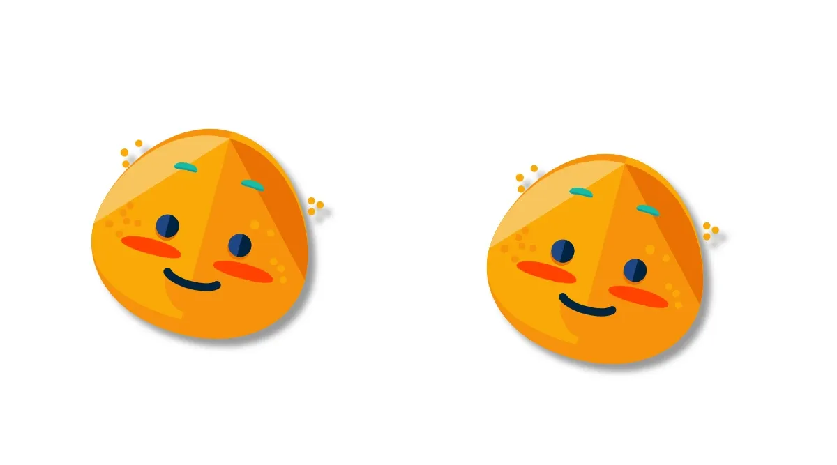 Two blush emoticon stickers tilted slightly and rendered with soft drop shadows, side by side on the page.