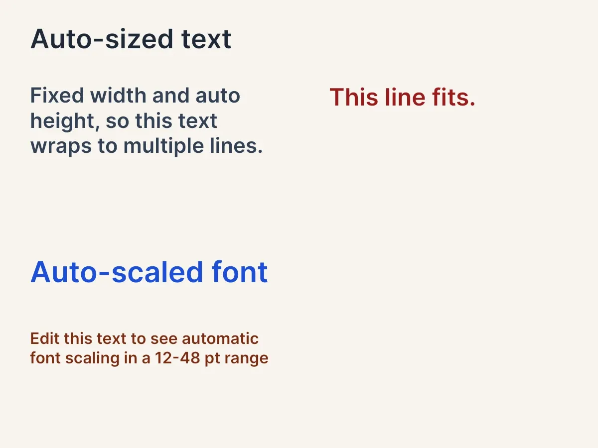 Text auto-size example showing text blocks with auto dimensions, automatic font sizing, and clipped overflow