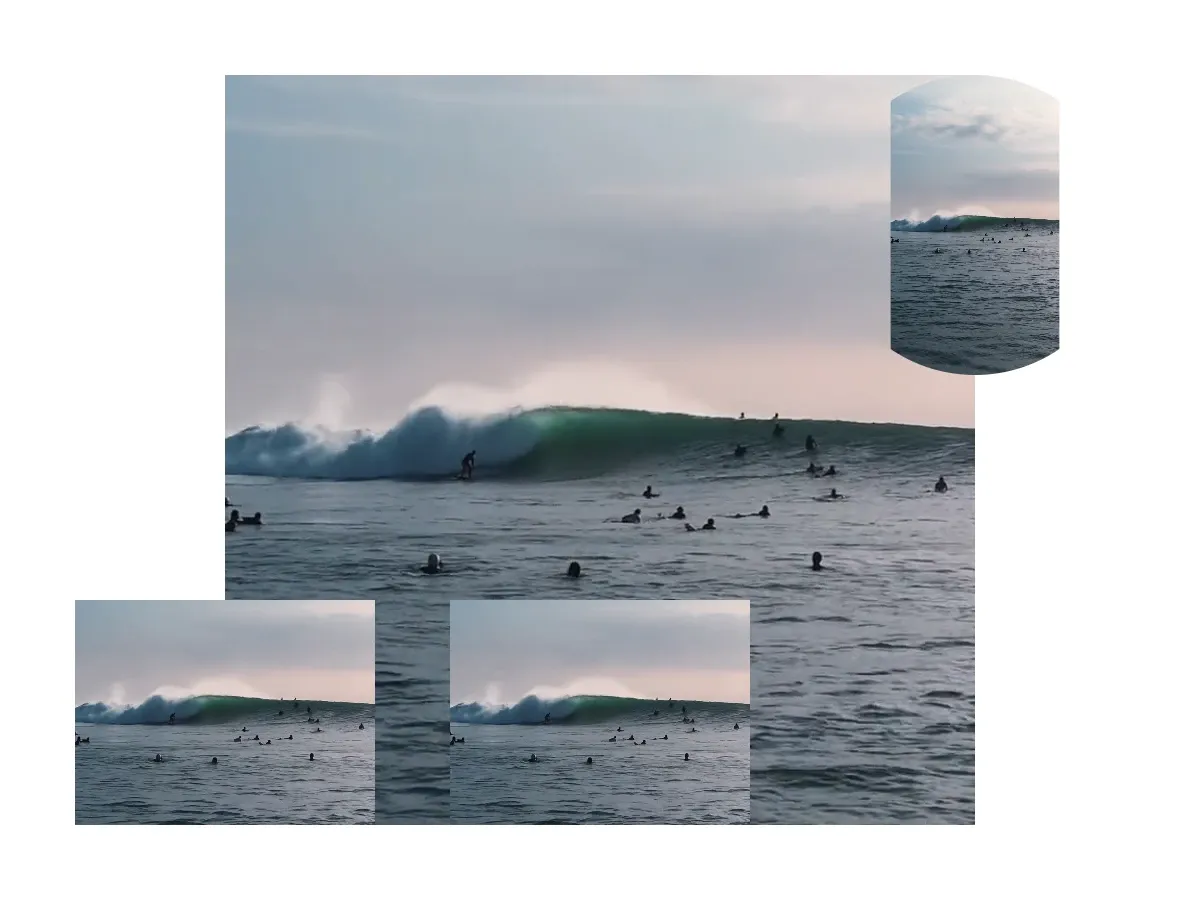 Multiple blocks filled with video content — a rectangle in Cover mode, an ellipse in Contain mode, and two shared-fill rectangles — demonstrating the video fill system
