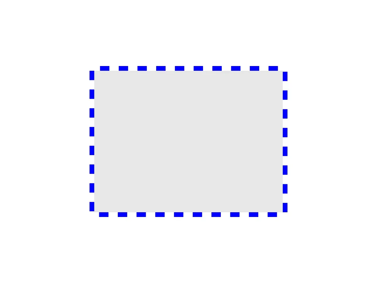 A centered rectangle with a blue, dashed, outer-positioned stroke and rounded corners
