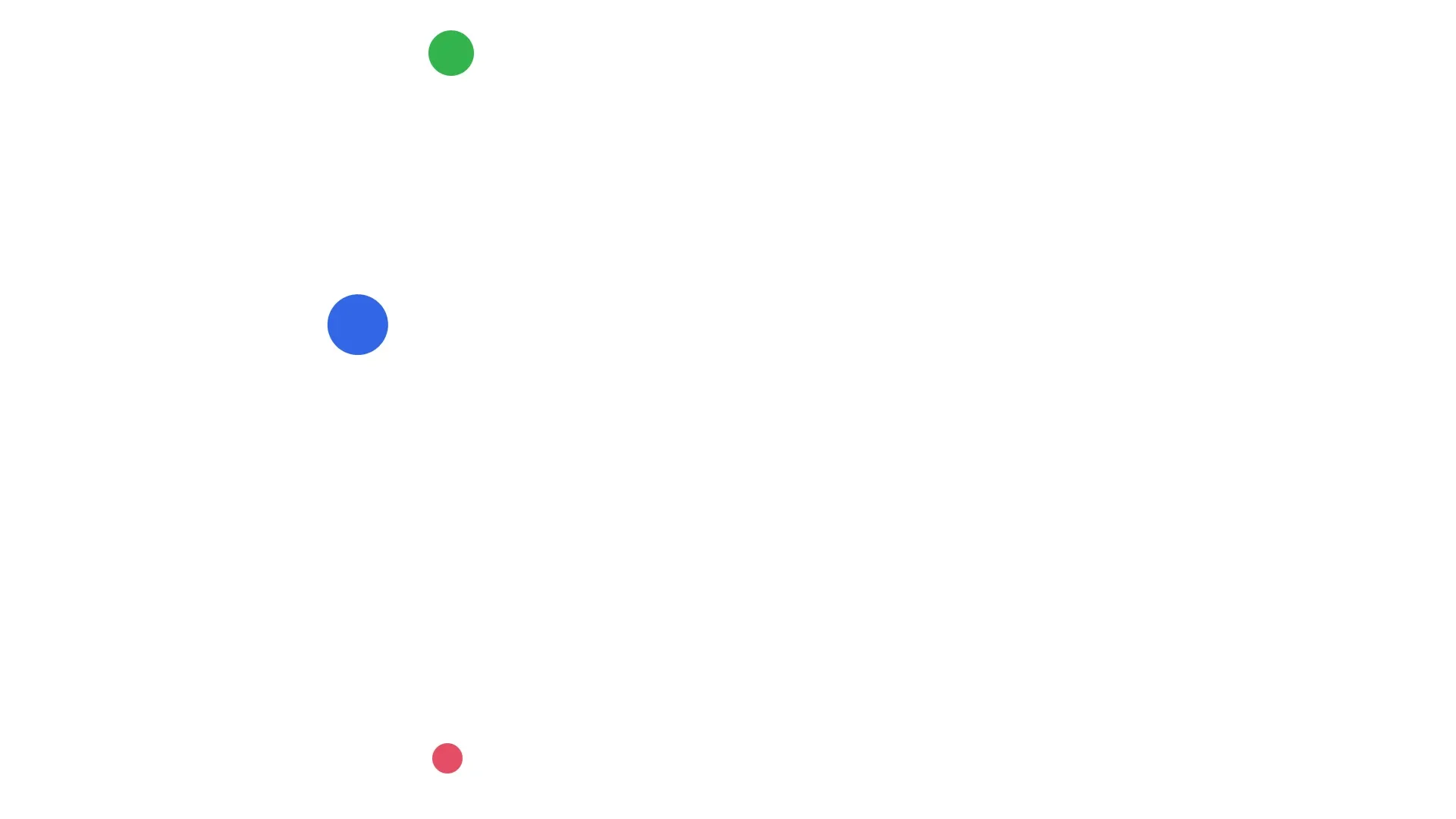 A blue ball partway along its curve, a red dot partway across, and a green ball at the top of a hop, at 1.25 seconds