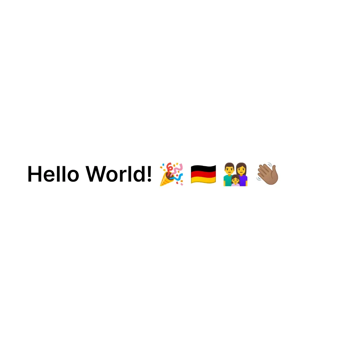 A text block rendering βHello World!β alongside party popper, flag, family, and waving-hand emojis using the configured Noto Color Emoji font.