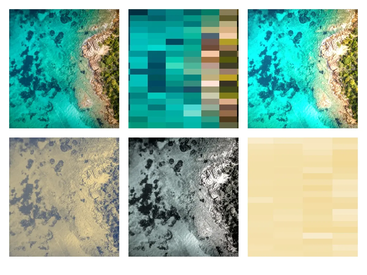 The same photo shown in a grid under different effects: the original, pixelization, an adjustments effect, a duotone filter, a LUT filter, and a combination of effects