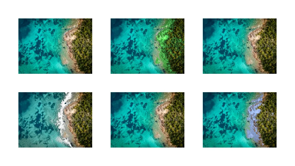 A 3x2 grid of the same source photo: the top row shows a basic red-to-blue Recolor, a tuned tan-to-green Recolor, and a basic green-screen removal; the bottom row shows a tuned green-screen with spill control, a stacked Recolor with one effect disabled, and a batch-applied Recolor.