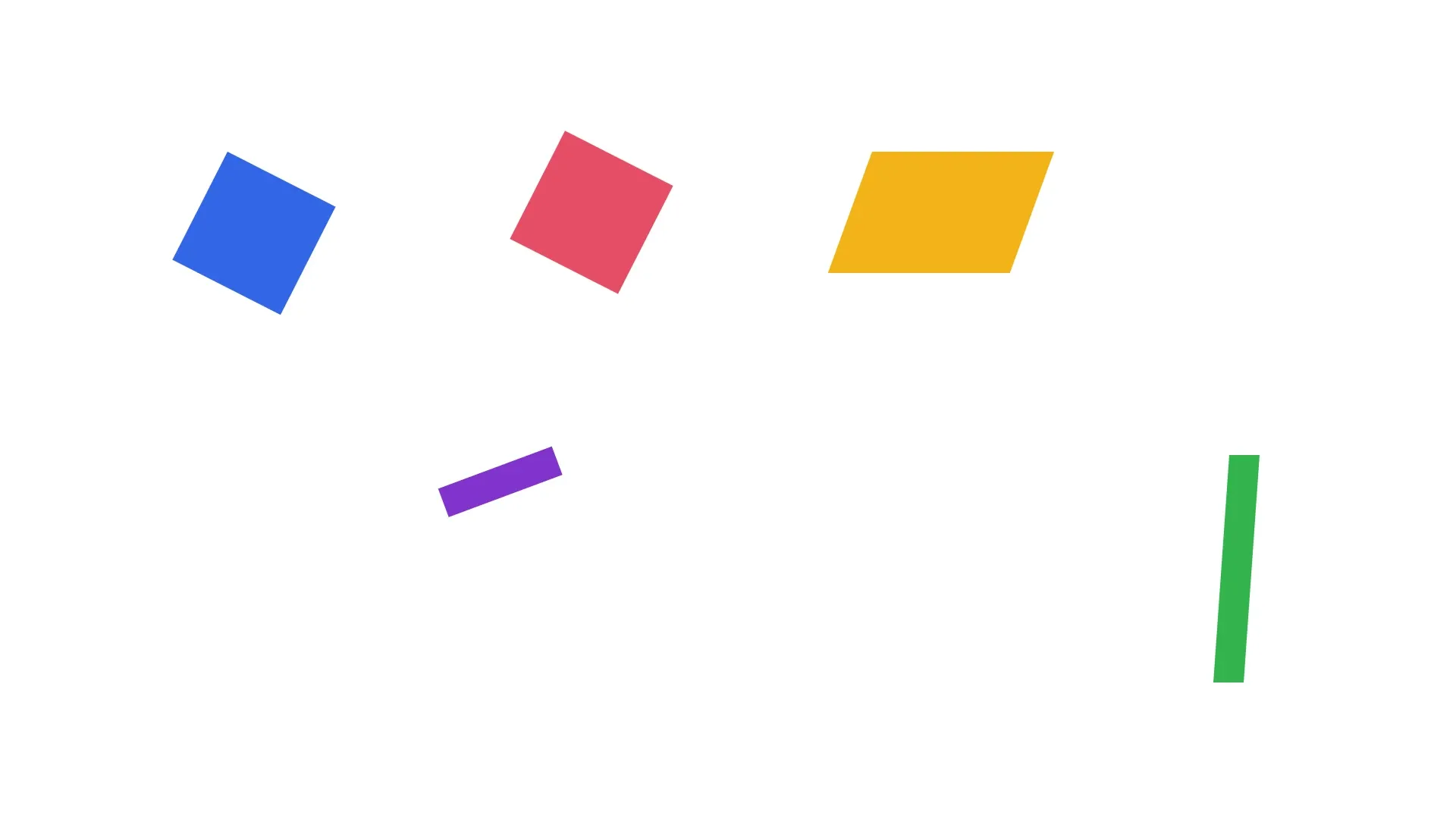 Two turned squares, a leaning sign, a swaying blade of grass and a purple bar tilted along its rising path, at 1.5 seconds