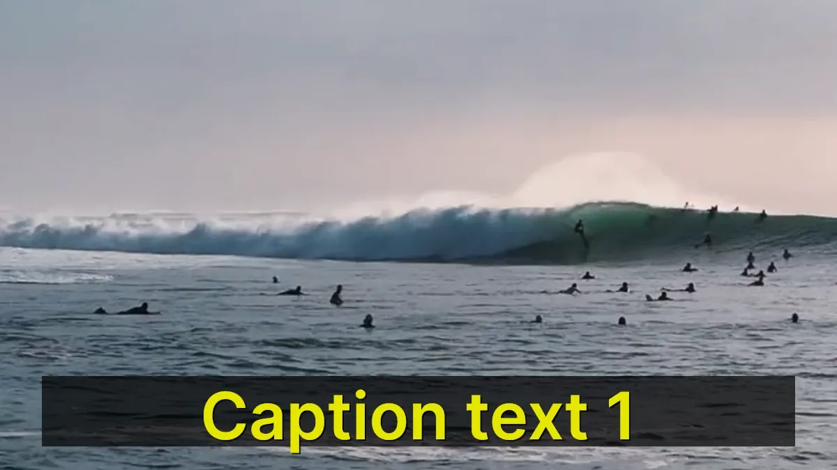 A video page with a yellow caption rendered over surf footage at the bottom of the frame.
