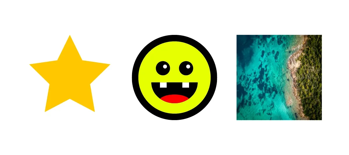 A gold star shape, a happy-face emoji sticker, and a sample image laid out in a row on the canvas.
