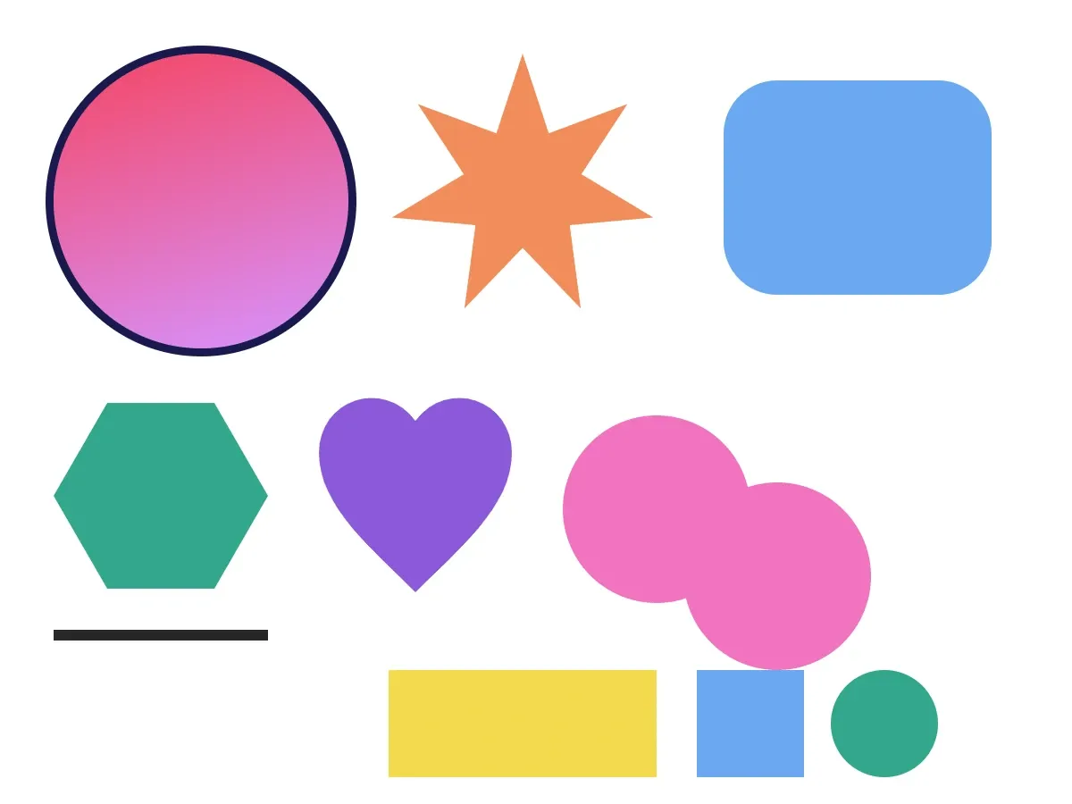A gallery of edited graphic blocks — a rotated and flipped pink-purple gradient ellipse with a dark outer stroke, an orange seven-point star, a blue rounded rectangle, a teal hexagon, a purple heart-shaped vector path, a black line, a pink union of two ellipses, a yellow rectangle with an extrude effect applied, and a blue-and-teal grouped pair