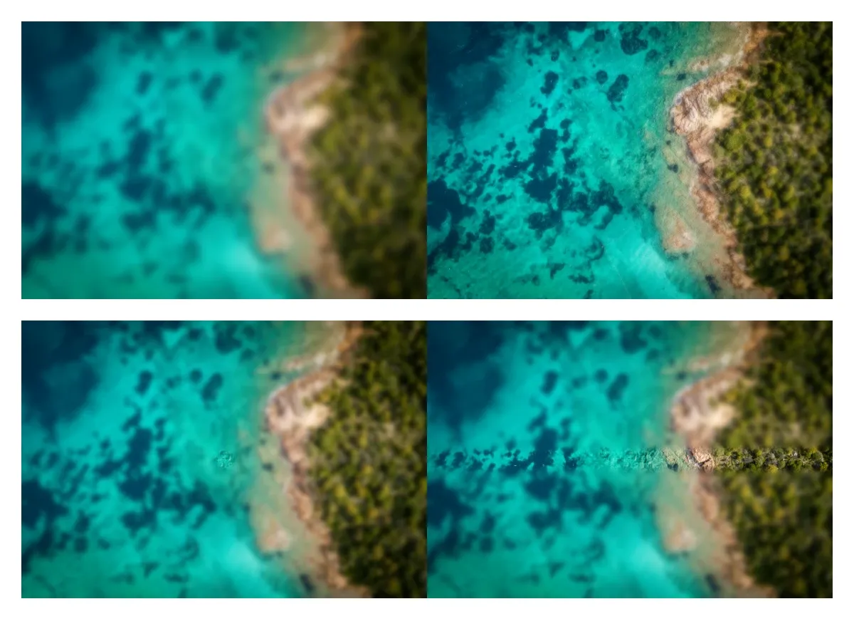 The same photo shown in a 2x2 grid under different blur types: uniform, linear, radial, and mirrored