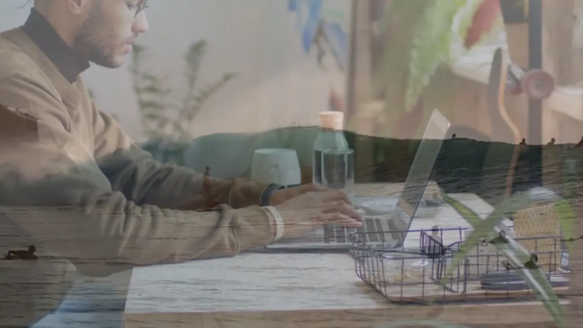 Two video clips blending into each other in a cross-fade, halfway through the transition