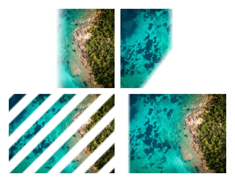 Four copies of one aerial photo: a linear wipe, a radial wipe, venetian blinds and a reveal at 1.5 seconds