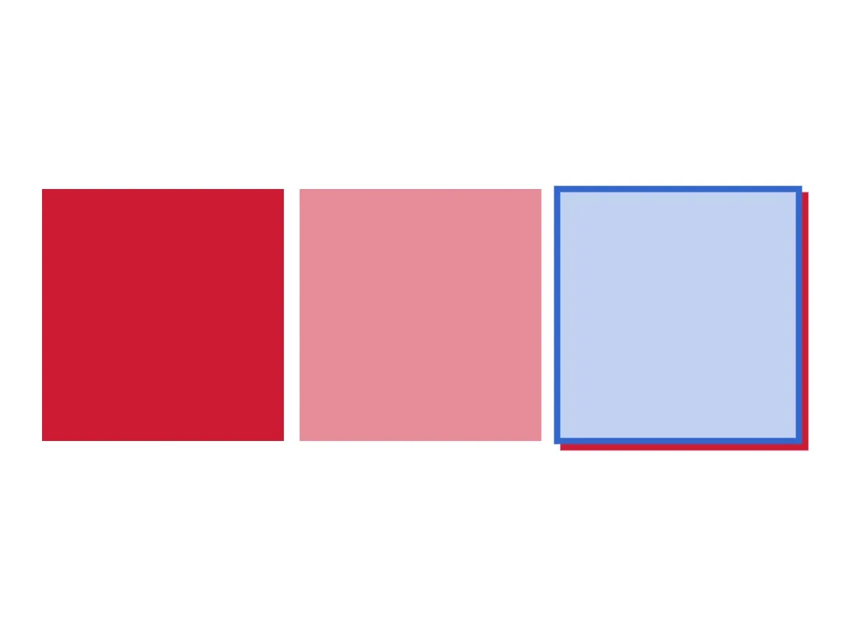 Three graphic blocks: a brand spot color on the left, a 50 percent tint in the middle, and a stroked and shadowed block on the right.